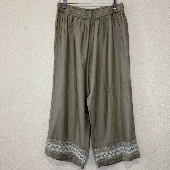 Zuba Pants - Zuba Palazzo Pants Silk Blend Taupe with Silver Embroidery Pull-on Women’s Large